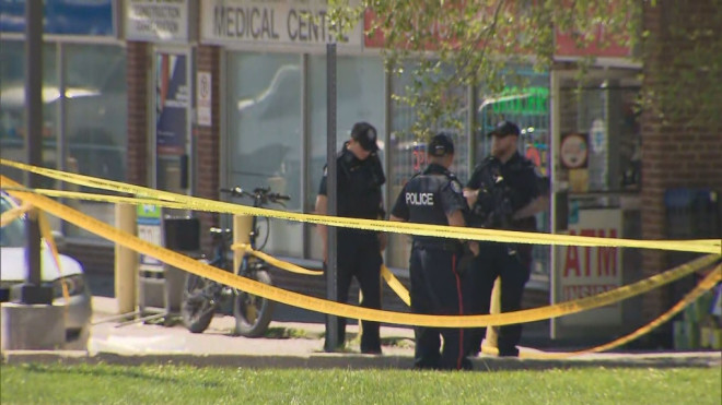 Officers respond to a shooting in the area of Glendower Court and Birchmount Road Saturday June 15, 2024. 