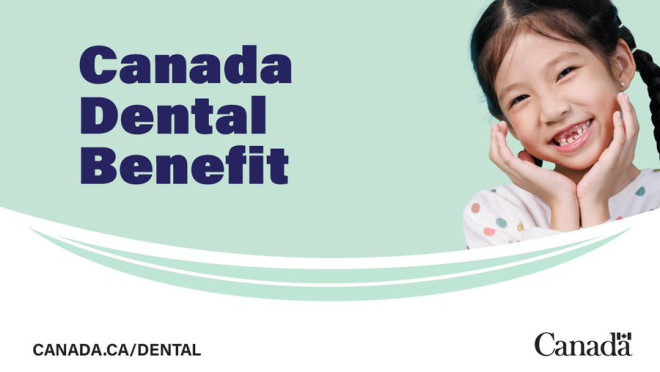 A young girl with her head tilted slightly to the left, her chin resting on the palms of her hands and a big smile on her face. Image text reads: Canada Dental Benefit.
