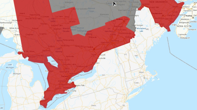 Data from Environment Canada shows the areas expected to be impacted by the coming heat wave. Red indicates a weather warning, while grey is a weather statement. 
