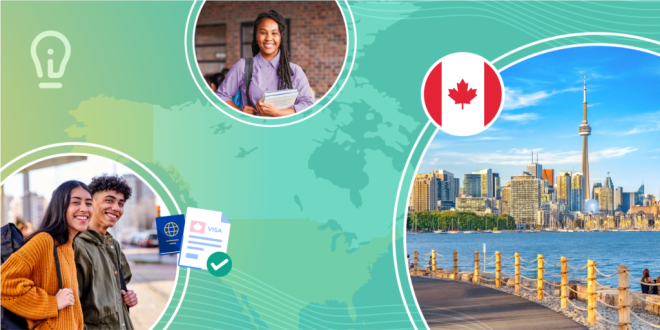 A skyline view of Toronto from Toronto Island: tall modern towers framed by a blue sky and Lake Ontario. Photographs of international students complement the landscape image.