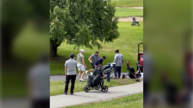 Social media video shows an altercation between golfers in Burnaby, B.C., on June 29, 2024. (X/DoubleH)