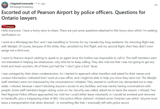 华人乘客在多伦多机场一个行为被控&quot;非法侵入&quot;，差点被警察铐走