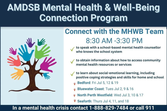 An image listing dates and times to connect with the AMDSB's mental health team.