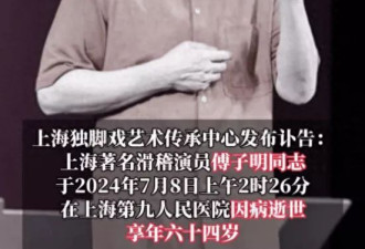 一级演员傅子明去世享年64岁 知情者曝死因