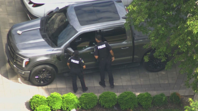 A bullet-riddled truck is shown outside a Brampton home on July 17. 