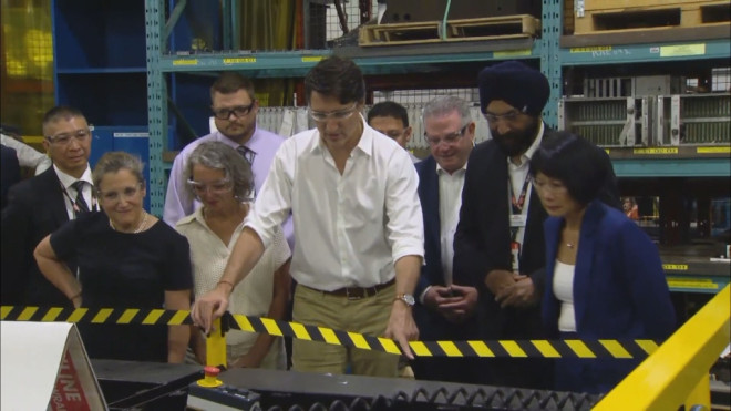 Prime Minister Justin Trudeau, Mayor Olivia Chow and Finance Minister Chrystia Freeland tour a TTC facility in Toronto Wednesday July 17, 2024. 