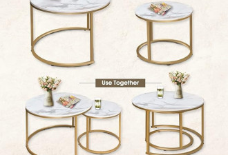 aboxoo 咖啡桌嵌套白色 2 边套装金色框架圆形和大理石图案木桌