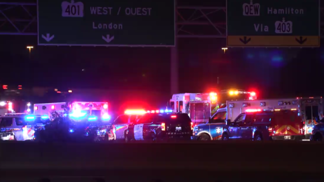 A motorcyclist has died following a five-vehicle crash on Highway 401 in Mississauga on July 28. (Screengrab of footage by Jacob Estrin/CTV news Toronto) 