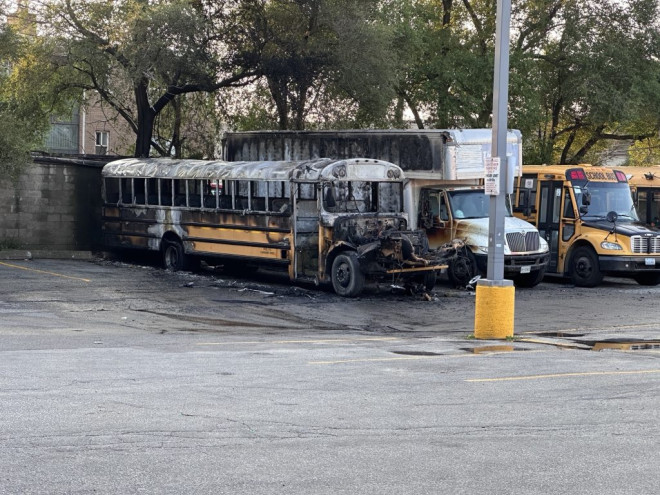 A school bus parked behind a No Frills in North York caught fire on July 29, 2024