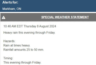 红色强降雨警报！持续整晚！最多降雨140mm！多伦多低地将被淹！