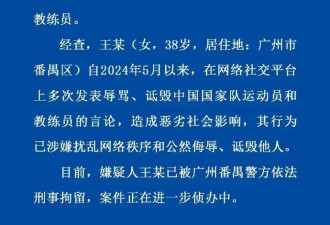 女子辱骂运动员教练员被刑拘 5月以来曾多次发表诋毁言论