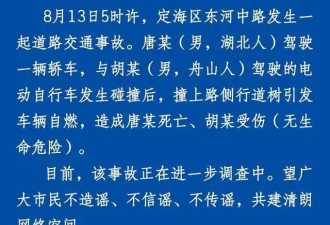 警方：保时捷与电动车碰撞后撞树自燃,驾驶人死亡