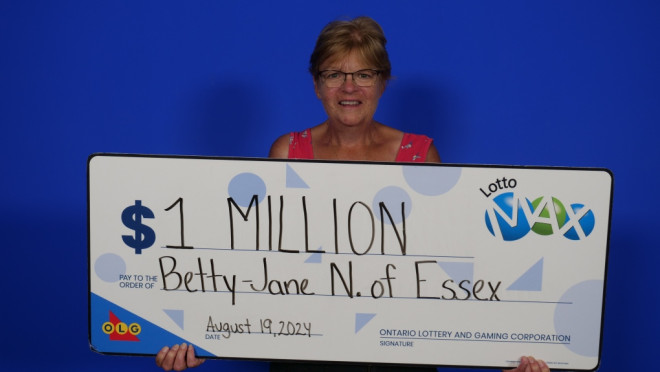 Betty-Jane Novelletto of Essex with her winnings. (Source: OLG)