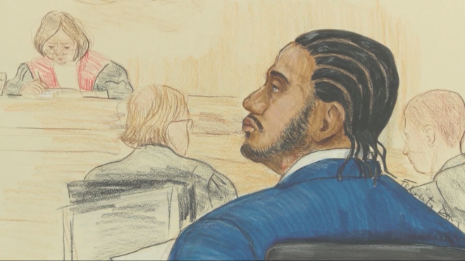 A court sketch of alleged murderer Kane Carter is shown.