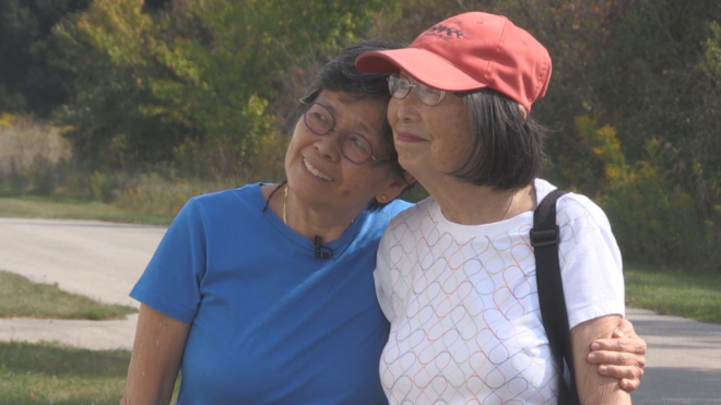 Roberta Lau and Evelyn Sue Wong see their father's plane for the first time on Sept. 13, 2024. (Krista Simpson/CTV News)