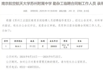 中学公示勤杂工招聘结果:24岁物理学硕士拟获录用