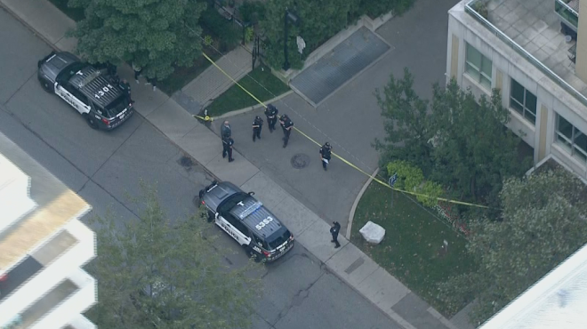 Police are on the scene of a shooting near Yonge Street and Eglinton Avenue that sent an officer to hospital on Wednesday, Oct. 2, 2024. (Chopper 24)