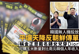 韩无人机平壤散传单：金正恩“忙自肥” 女儿戴名表穿Dior