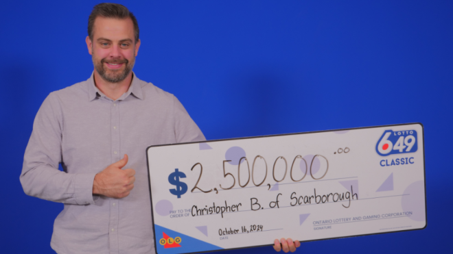 Toronto resident Christopher Baker won half of the $5-million Lotto 6/49 jackpot on  June 15. (OLG)