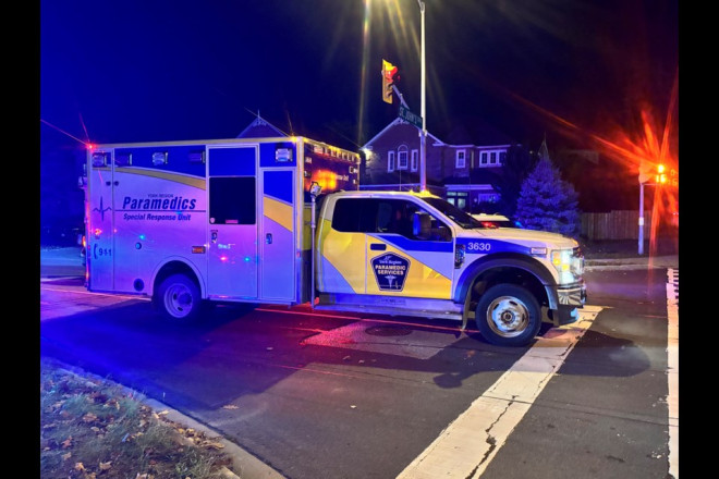 A York Region Paramedic Services ambulance exits Trent Street. 