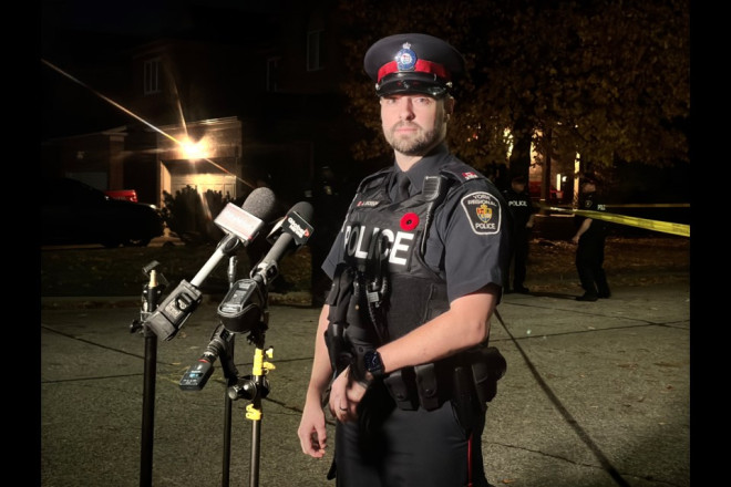 York Regional Police officer James Dickson addresses media. 
