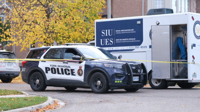 The province's police watchdog is seen at the scene of a police-involved shooting in Aurora on Oct. 31, 2024. (Simon Sheehan/ CP24)