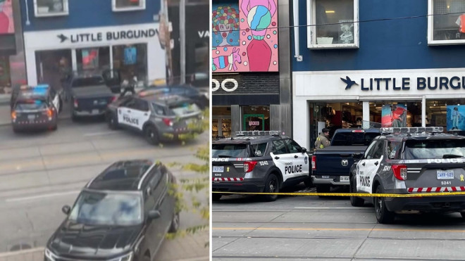 Toronto police are on the scene after an alleged stolen truck crashed into a downtown store on Friday, Nov. 1. 2024. (Instagram:capturedbycyga/Jamie Gutfreund)