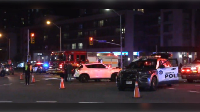 A police vehicle that was involved in a collision with another vehicle in North York on Nov. 2, 2024 is shown.