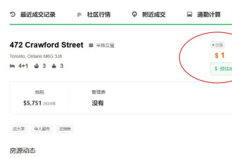 多伦多一套房降价40万仍卖不出去，现在1元起价拍卖