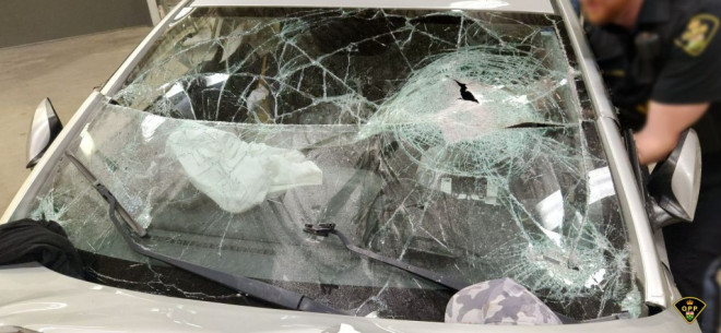 A vehicle's windshield after being struck by a rock in Markham.