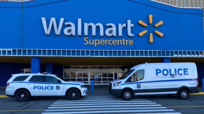 Halifax Regional Police respond to a sudden death at the Walmart on Mumford Road on Oct. 20, 2024. (CTV/Jim Kvammen) 