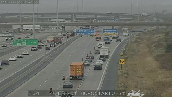 Police close the eastbound collector lanes of Highway 401 in Mississauga for an investigation on Tuesday, Nov. 26, 2024. (MTO)