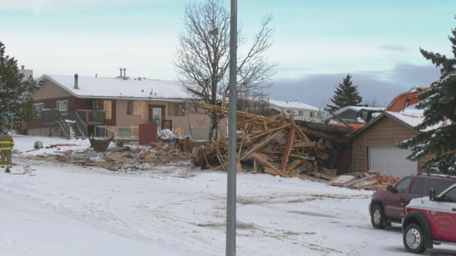 An explosion on Pan Am Street in Swan Hills, Alta., on Dec. 2, 2024, destroyed a house and damaged several others in its vicinity. (Nav Sangha / CTV News Edmonton) 