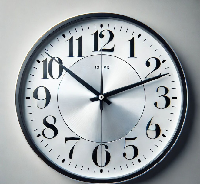 A realistic illustration of a clock face showing the hands at a specific time (e.g., 10:10), with a sleek modern design featuring a white background, black numbers, and elegant black hands. The clock is displayed in a minimalistic and clean style.