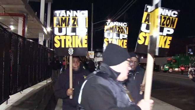 Amazon workers in Queens, N.Y. begin strike action, Thursday, Dec. 19, 2024.