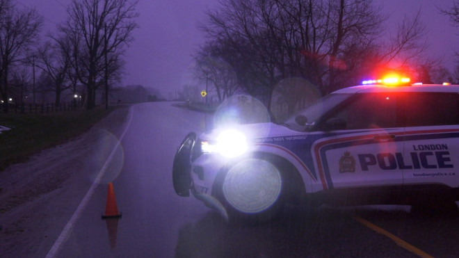 A London Police Service vehicle blocks traffic on Murray Rd.south of Longwoods Rd., Dec. 16, 2024 (Gerry Dewan/CTV News London)