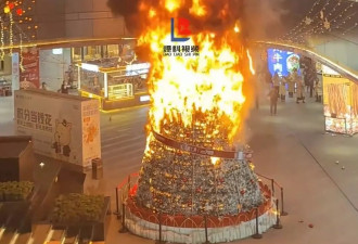 现场：成都商场2层楼高圣诞树烧剩骨架 疑因…