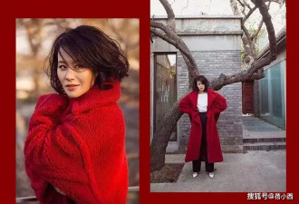 邬君梅终于换了齐肩卷发发型，穿红色大衣洋气减龄，完全不像60后