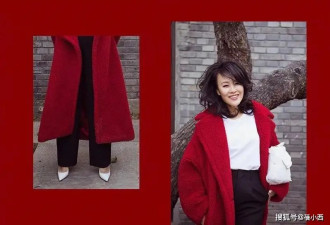 邬君梅终于换了齐肩卷发发型，穿红色大衣洋气减龄，完全不像60后