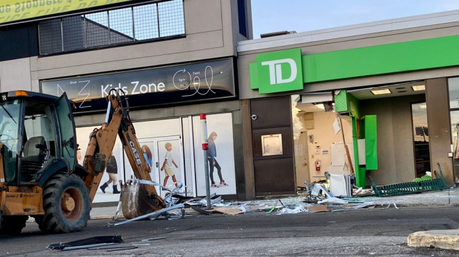 An ATM was stolen after suspects crashed an excavator into a TD Bank in North York early Tuesday morning. (Francis Gibbs/ CTV News Toronto)