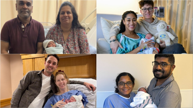 Clockwise from top left: Samreen and Mahmood with baby Huzaifa; Jenelle Lyman and Quinn Steele with newborn Scottie; Chris and Machaela O’Heir pose with Harper; Navethra Goviandarasu and Rathnagiri Athiannan pose with their baby girl.