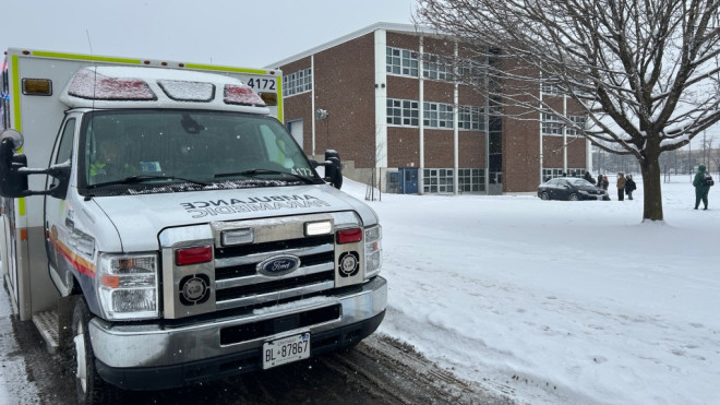 A paramedics vehicle at the scene of a stabbing at Hillcrest High School in Ottawa on Jan. 13, 2025. (Kimberley Johnson/CTV News Ottawa)