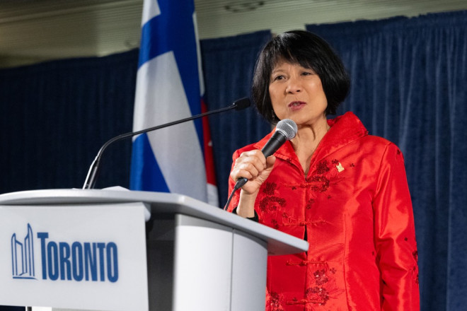 Mayor Olivia Chow addresses the crowd.