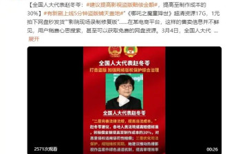 全国人大代表赵冬苓：建议提高影视盗版赔偿金额，提高至制作成本的30%