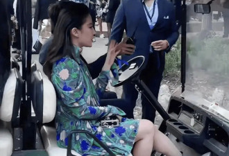 37岁刘亦菲国外旅游被偶遇，穿绿色碎花裙坐观光三轮车，不土气反而很时髦