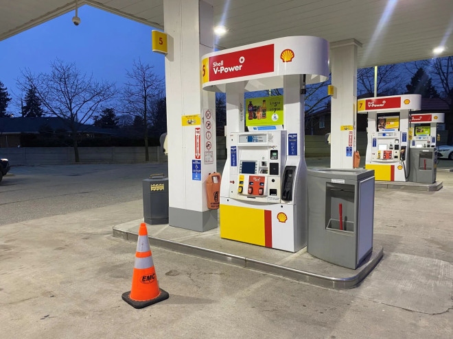 A gas pump is out of service after a man drove off with the nozzle still attached critically injuring another man.