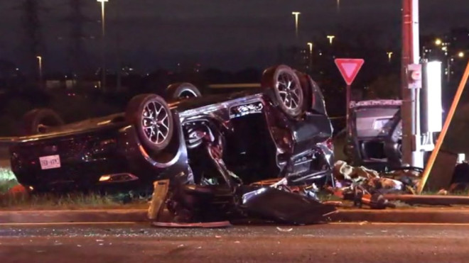 Aftermath of a violent two-vehicle crash on Renforth Drive at Highway 401 that killed three children