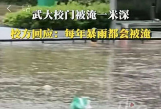 武汉发布暴雨临灾警报 武大校门口被淹