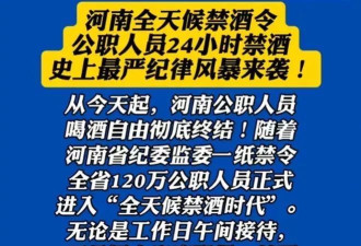 河南省实施全天候禁酒令，公职人员24小时禁酒？