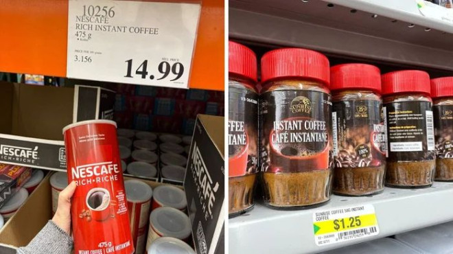 有人在 Costco 手捧雀巢浓香速溶咖啡。右图：Dollarama 货架上的 Sunrise Coffee 速溶咖啡罐